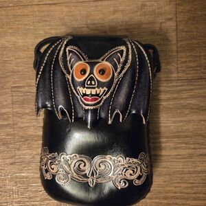 Black Leather Bat Appliqué Crossbody Pouch